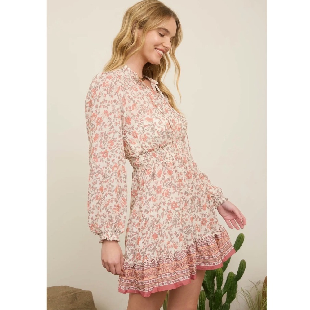 Cottagecore Prairie Floral Smocked Mini Dress Blu Pepper Pink Spring NWT Small‎